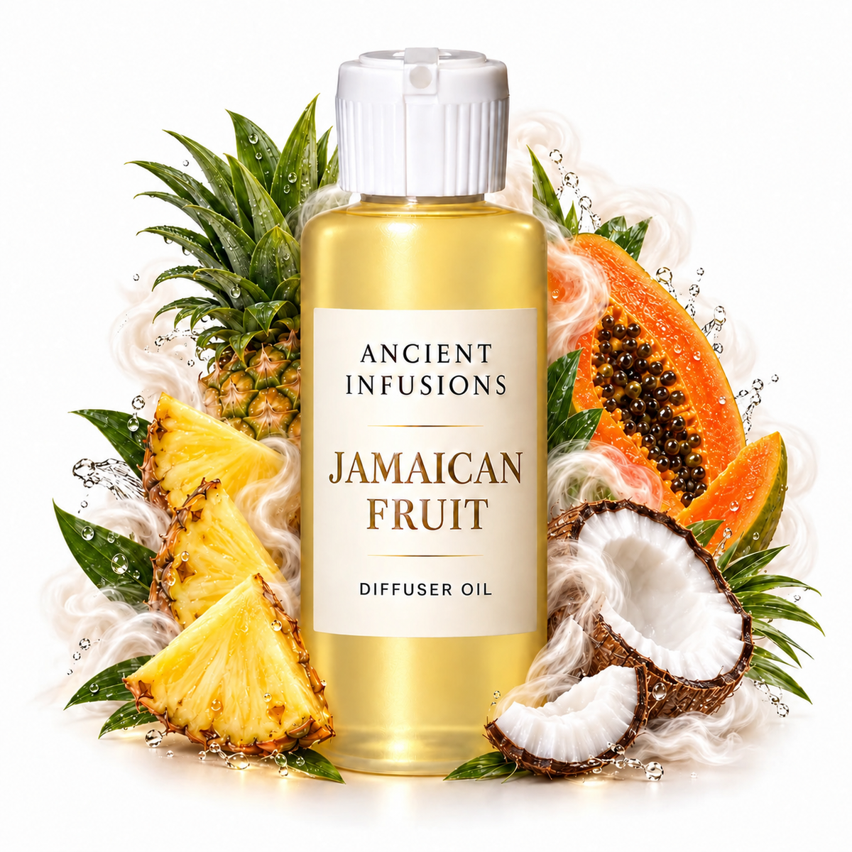Jamaican Fruit Diffuser Oil by Ancient Infusions with golden oil, white cap and matching scent artwork