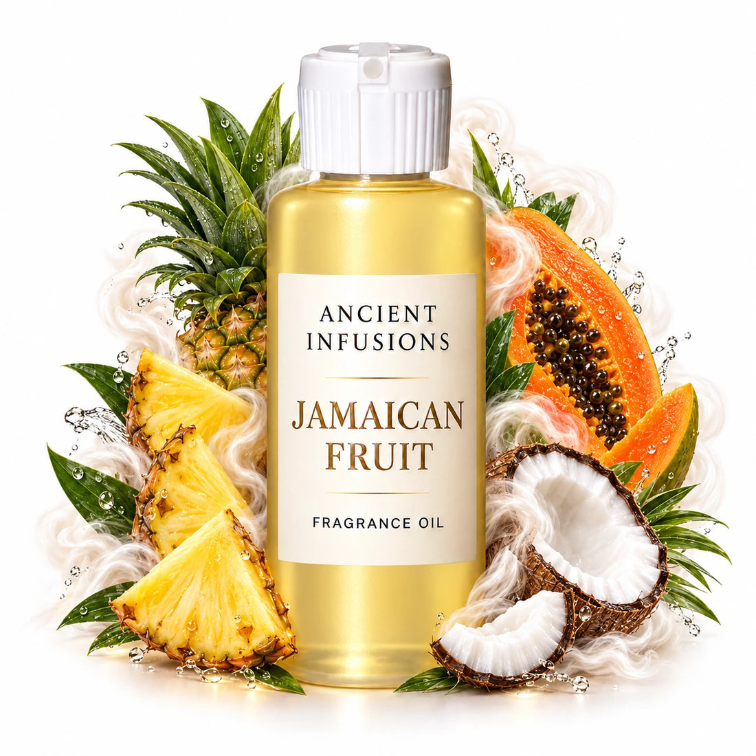 Jamaican Fruit fragrance oil by Ancient Infusions, with pale yellow oil and a tight halo representing pineapple, papaya, coconut.