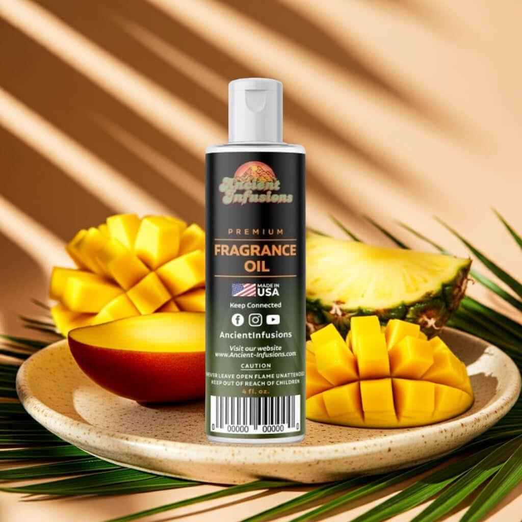 Jamaican Fruit Fragrance Oil bottle with mango and pineapple slices on a tropical-themed plate.