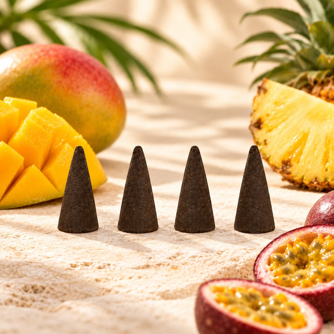 Jamaican Fruit Incense Cones on cream stone.