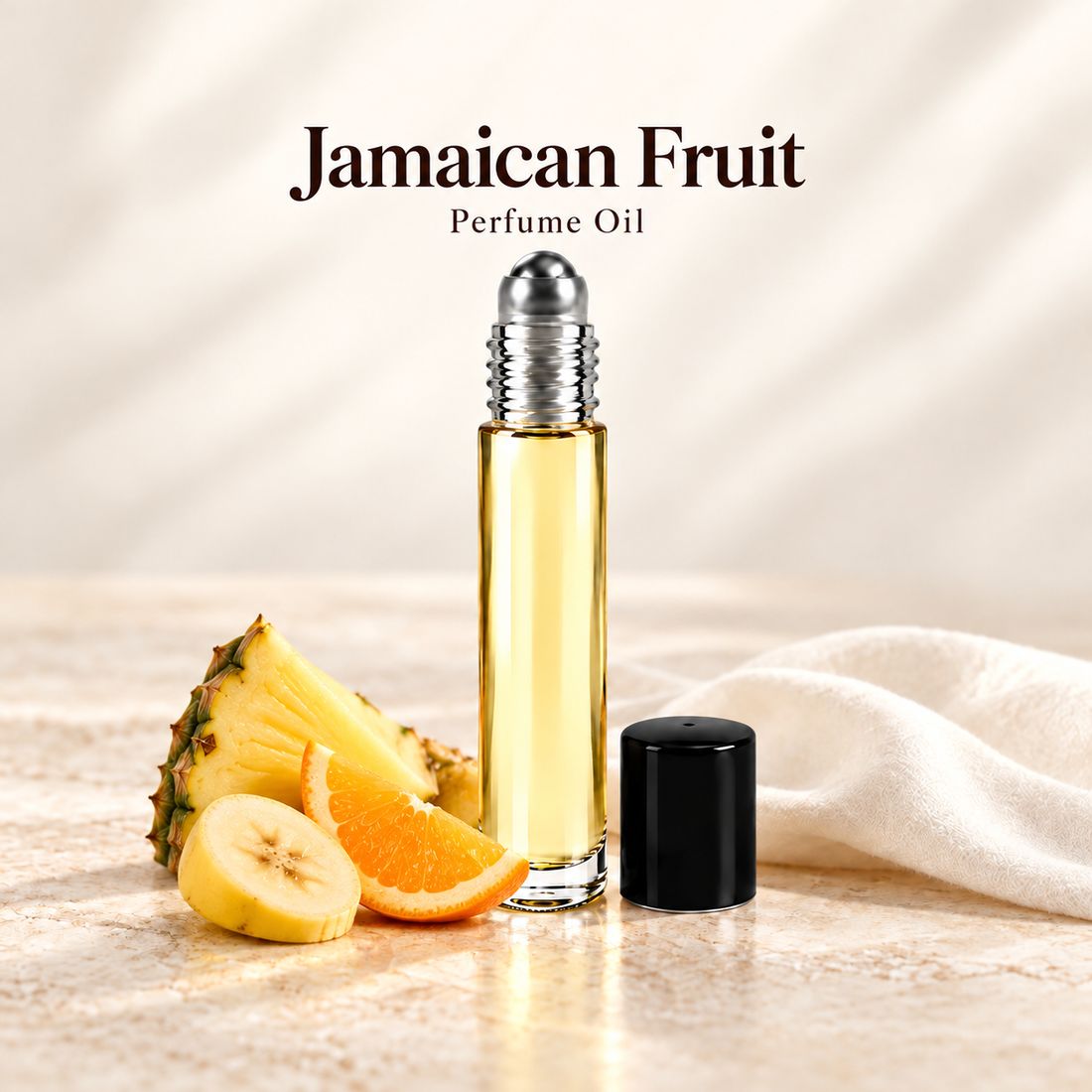 Jamaican Fruit Perfume Oil with simple scent note accents on soft ivory