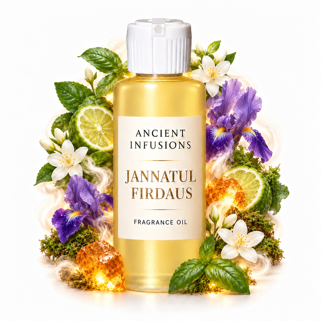 Jannatul Firdaus Fragrance Oil by Ancient Infusions in a golden oil bottle with scent artwork