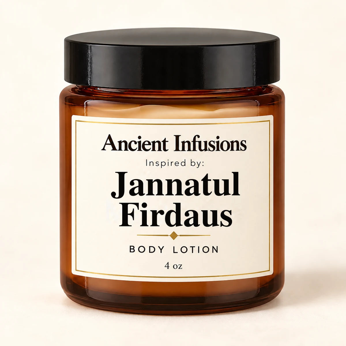 Jannatul Firdaus Inspired Body Lotion by Ancient Infusions — 4 oz amber glass jar