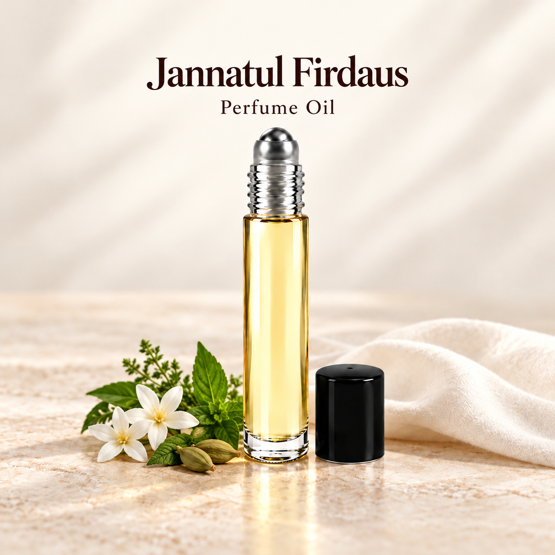 Jannatul Firdaus Perfume Oil with simple scent note accents on soft ivory