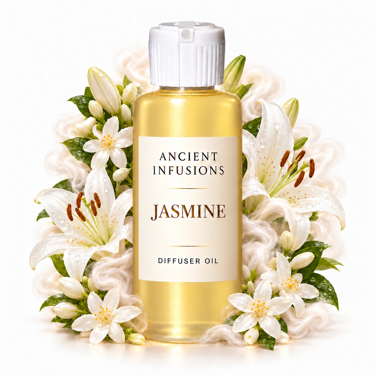 Jasmine Diffuser Oil by Ancient Infusions with golden oil, white cap and matching scent artwork