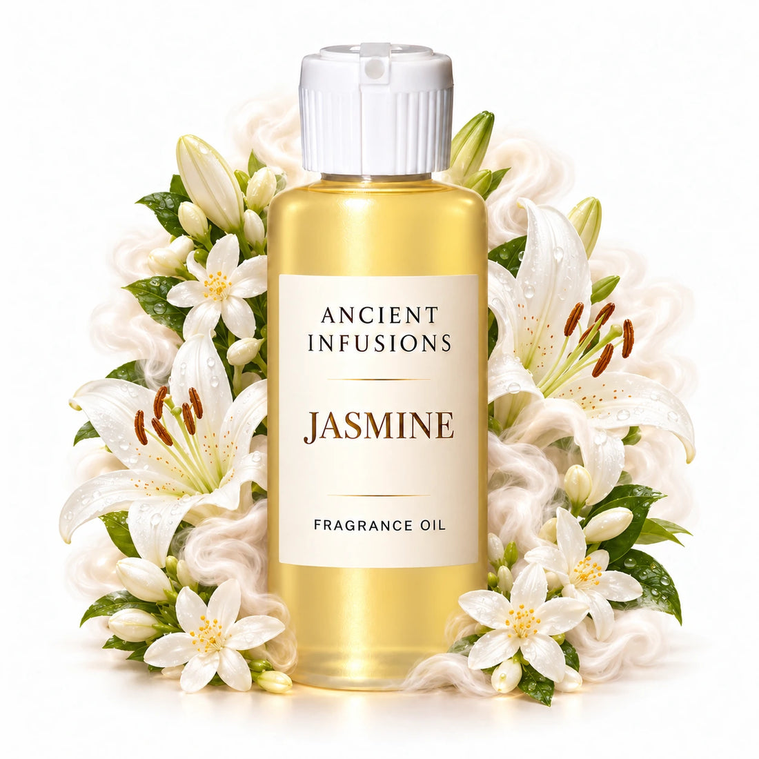 Jasmine fragrance oil by Ancient Infusions, with pale yellow oil and a tight halo representing jasmine petals, lily, soft musk.