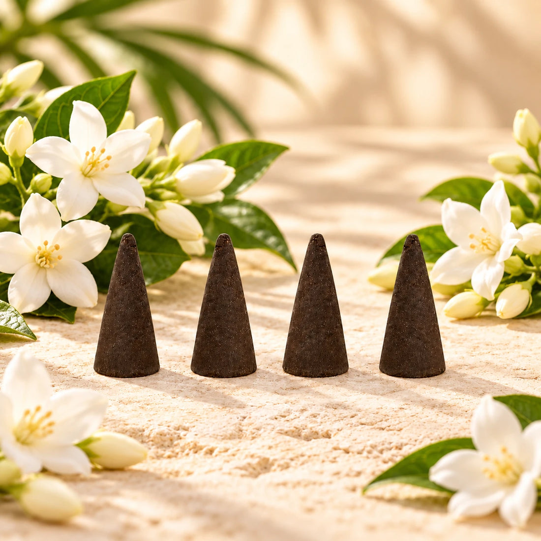 Jasmine Incense Cones on cream stone.