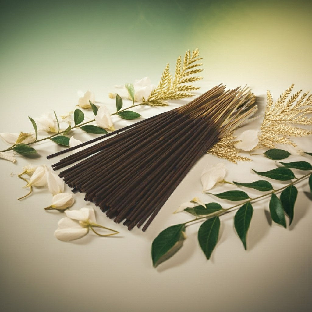 Jasmine Incense Sticks with a pink ribbon on a surface with flowers and leaves
