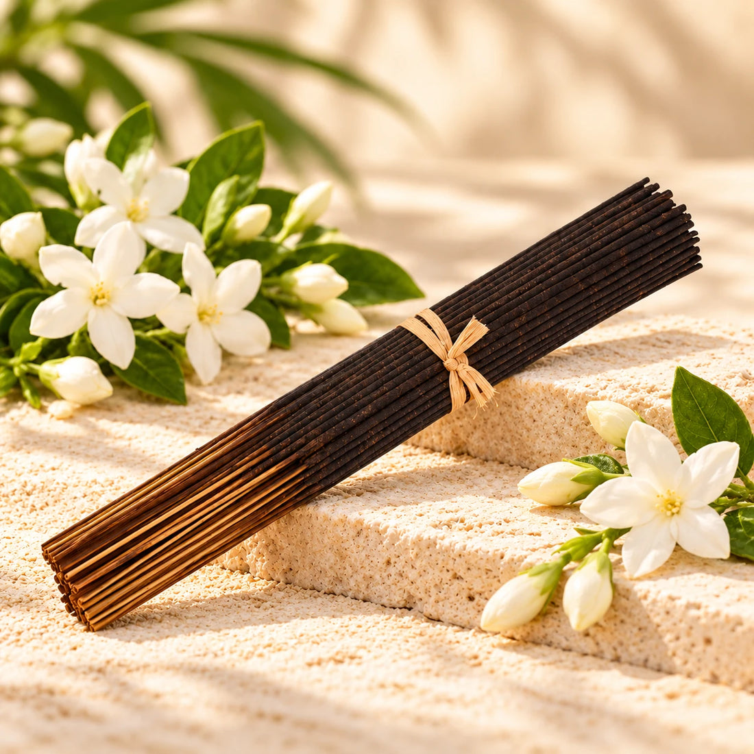 Jasmine Incense Sticks on cream stone.