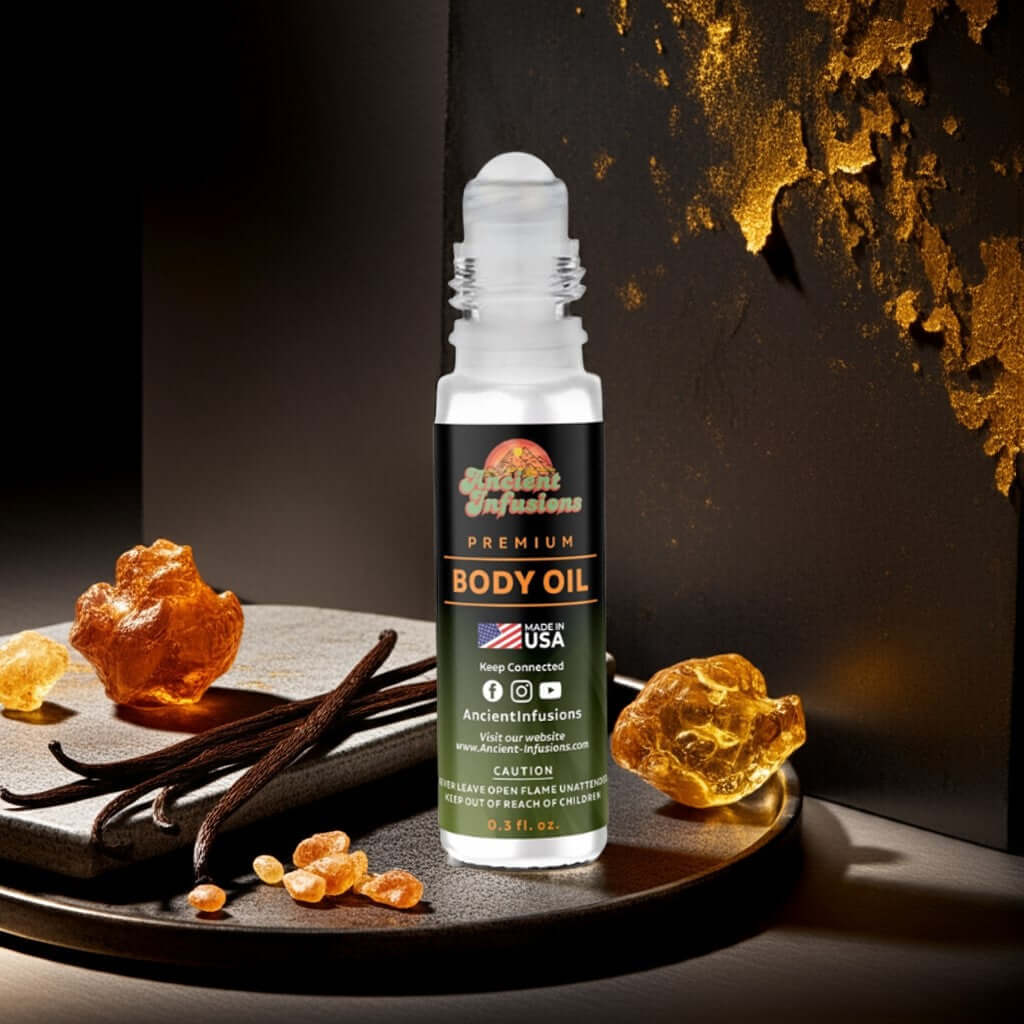 Jay Z Gold Inspired Body Oil bottle with fragrance elements
