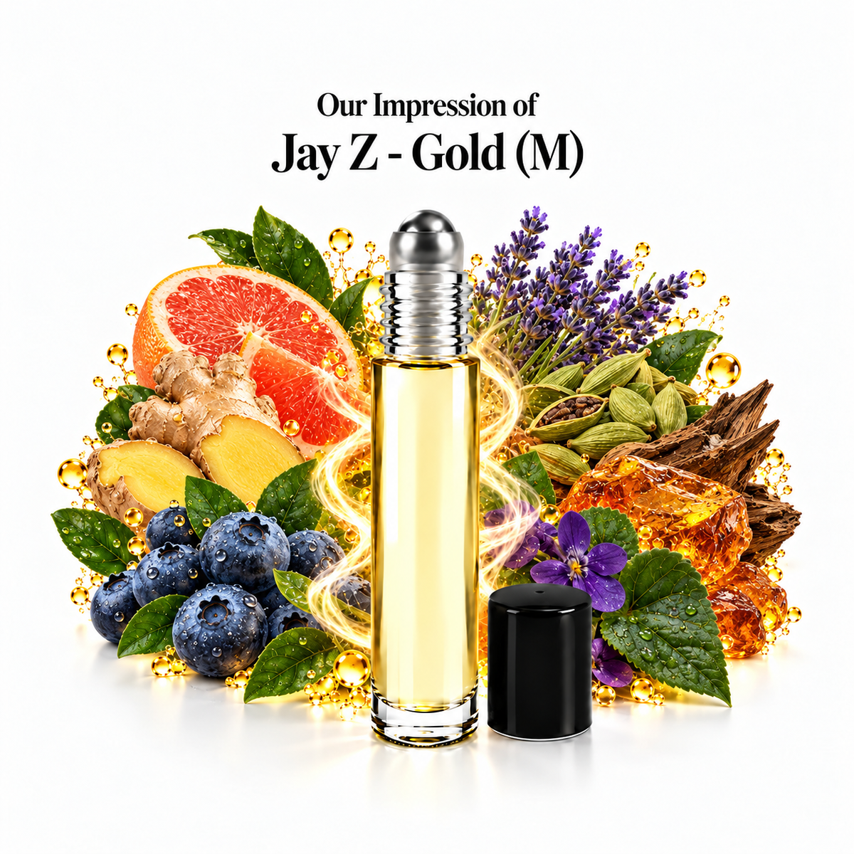 Jay Z Gold Perfume Oil roll-on with scent-note imagery
