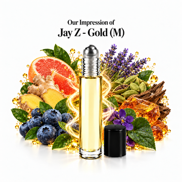 Jay Z Gold Perfume Oil roll-on with scent-note imagery