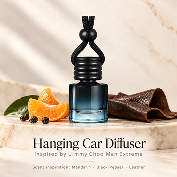 Hanging car diffuser inspired by Jimmy Choo Man Extreme, with scent illustrations on warm ivory stone