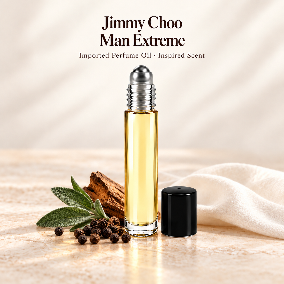 Jimmy Choo Man Extreme Perfume Oil with minimal scent note accents on soft ivory
