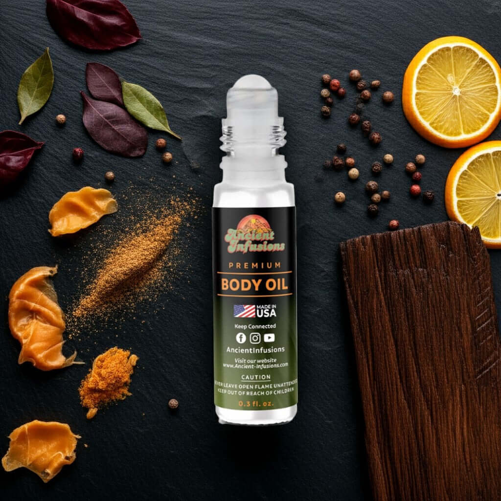 Jimmy Choo Man Extreme Inspired Body Oil with citrus and spices on dark background