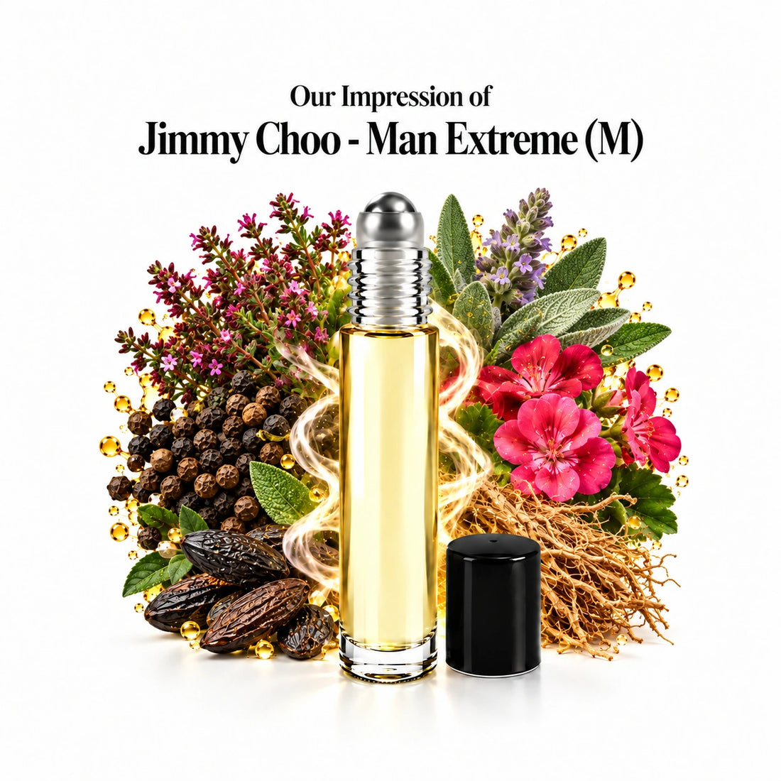 Jimmy Choo - Man Extreme (M) perfume oil with a centered roll-on bottle and fragrance-note arrangement, generous white margins.