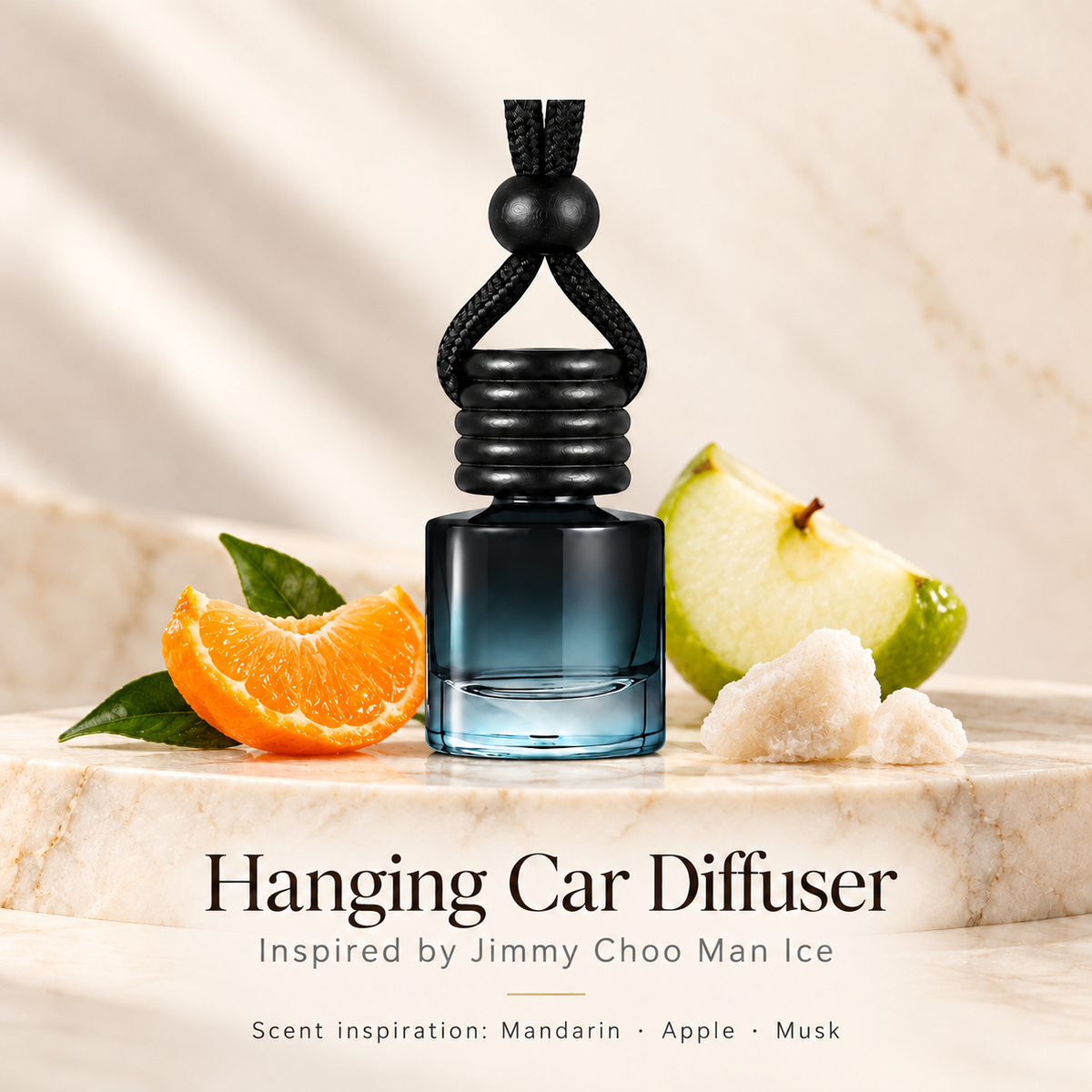 Hanging car diffuser inspired by Jimmy Choo Man Ice, with scent illustrations on warm ivory stone