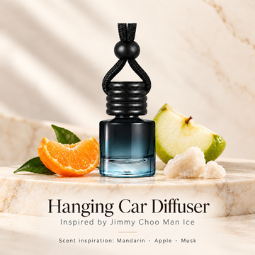 Hanging car diffuser inspired by Jimmy Choo Man Ice, with scent illustrations on warm ivory stone