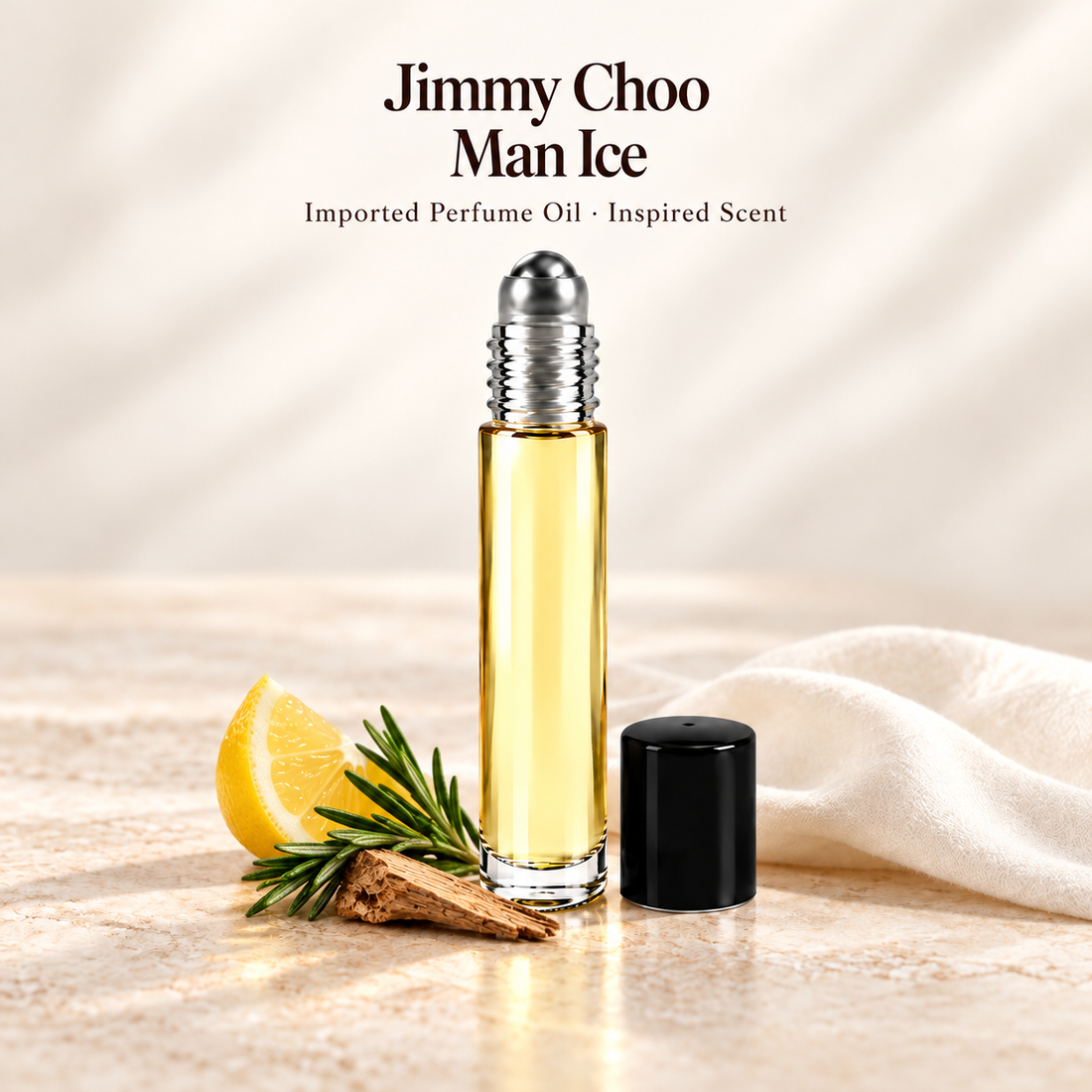 Jimmy Choo Man Ice Perfume Oil with minimal scent note accents on soft ivory