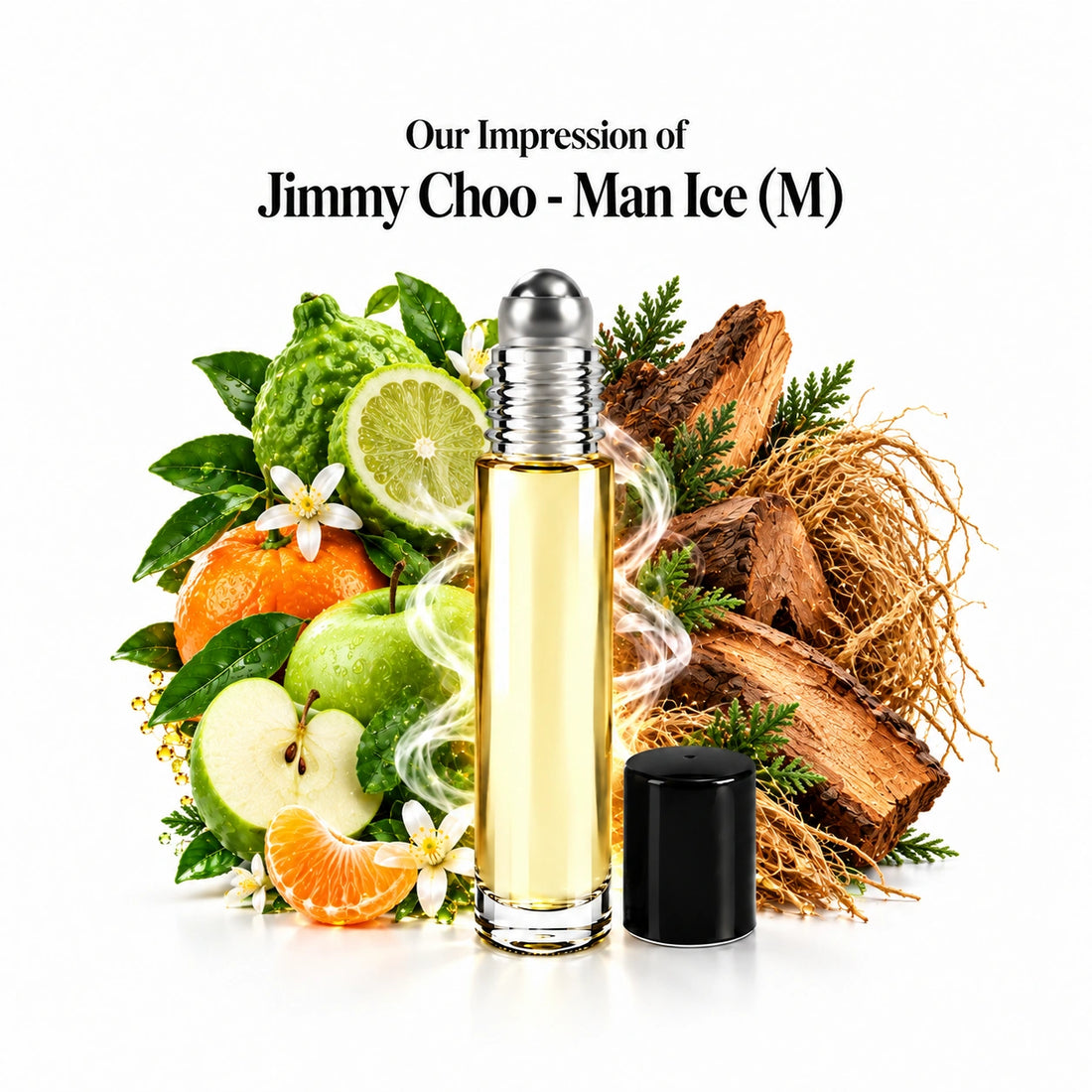 Jimmy Choo - Man Ice (M) perfume oil with a centered roll-on bottle and fragrance-note arrangement, generous white margins.