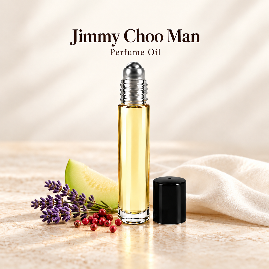 Jimmy Choo Man Perfume Oil with simple scent note accents on soft ivory