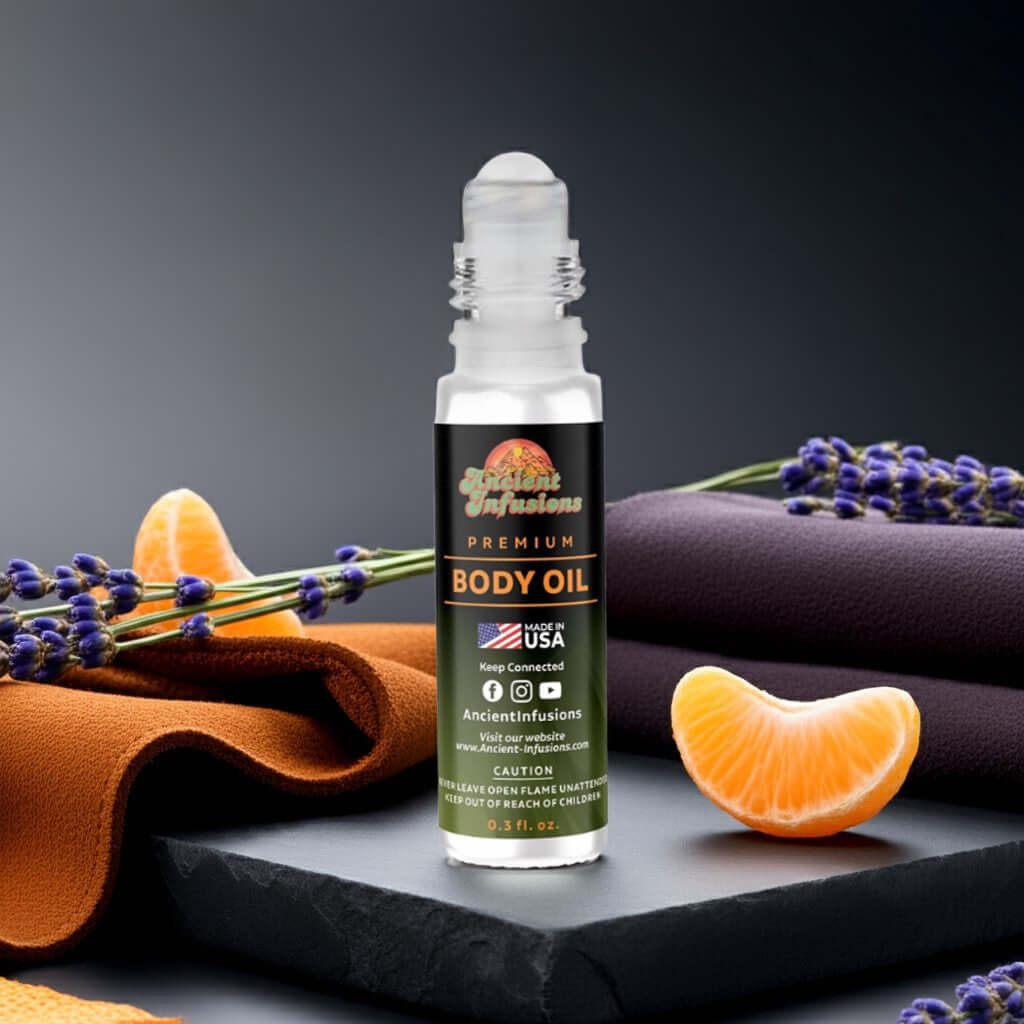 Jimmy Choo Man Inspired Body Oil with citrus and lavender background