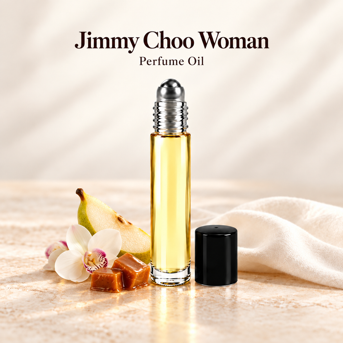 Jimmy Choo Woman Perfume Oil with simple scent note accents on soft ivory