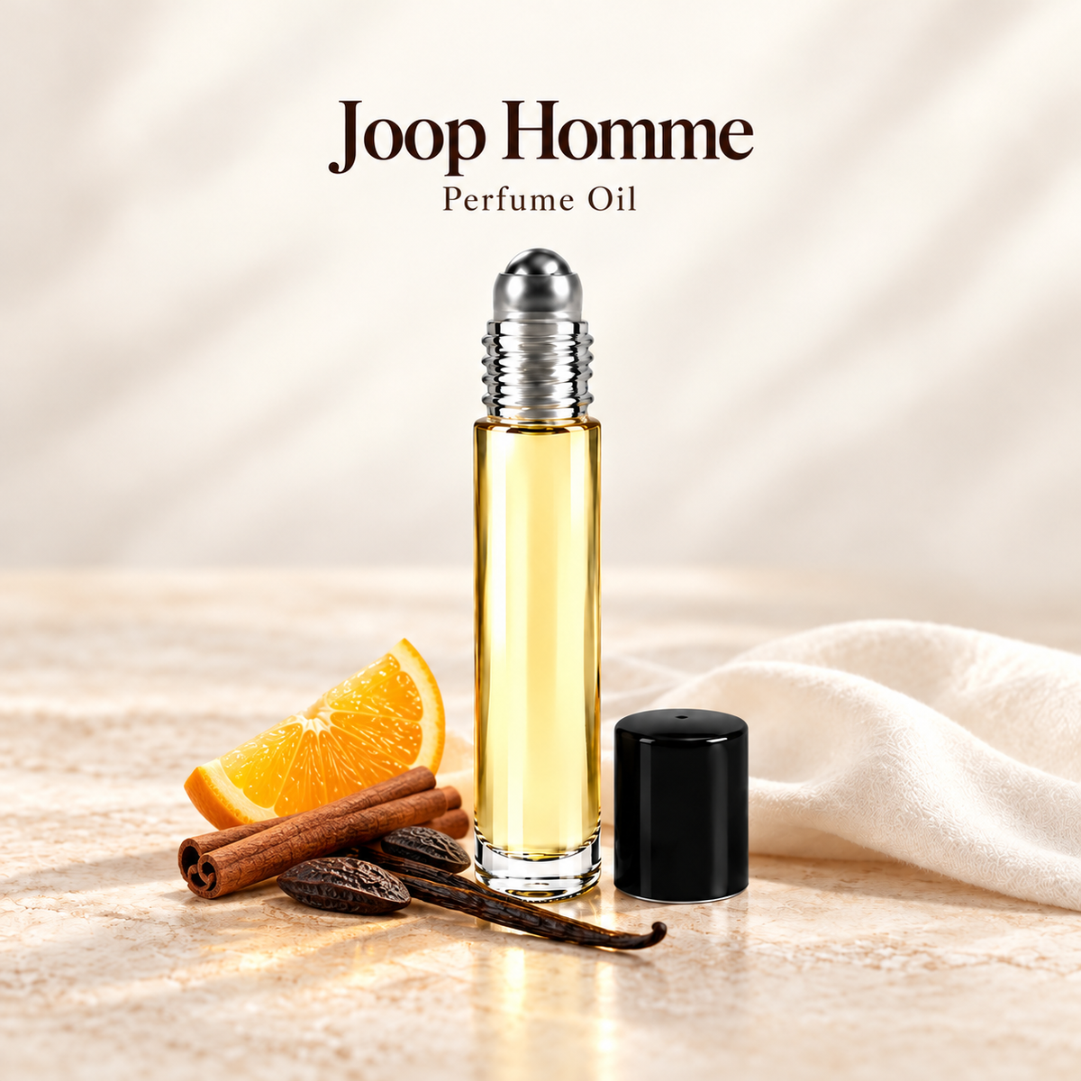 Joop Homme Perfume Oil with simple scent note accents on soft ivory