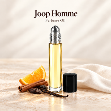 Joop Homme Perfume Oil with simple scent note accents on soft ivory