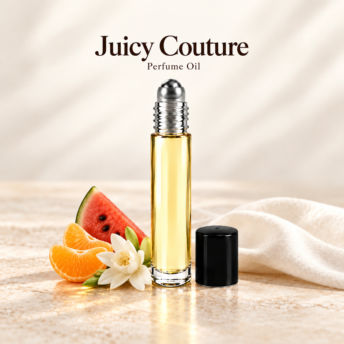 Juicy Couture Perfume Oil with simple scent note accents on soft ivory