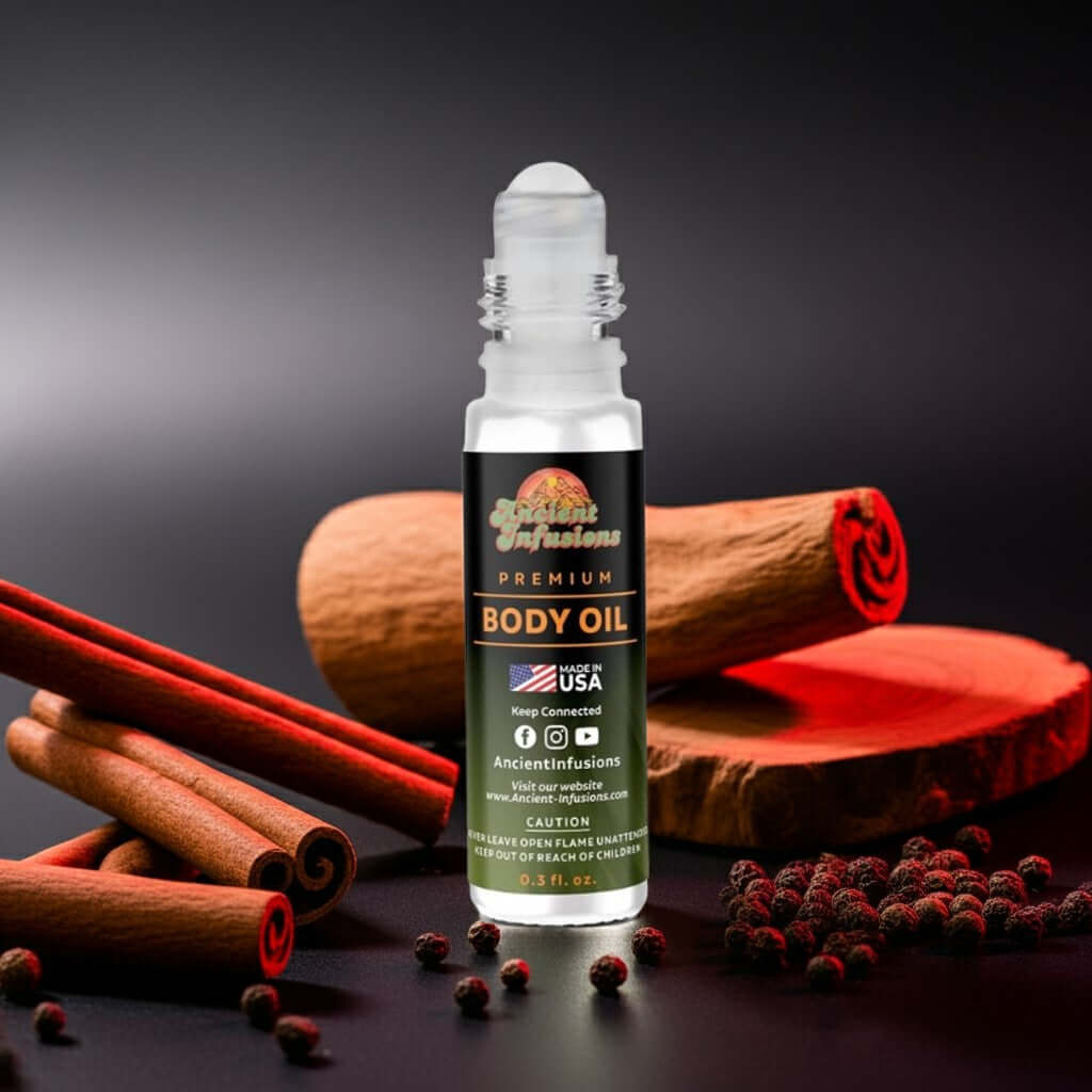 Parfums de Marly Kalan Inspired Body Oil with spicy black pepper and blood orange scent, in a roll-on bottle amidst cinnamon sticks.