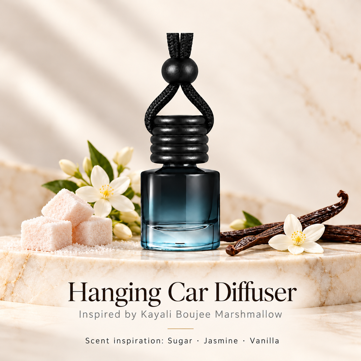 Hanging car diffuser inspired by Kayali Boujee Marshmallow, with scent illustrations on warm ivory stone