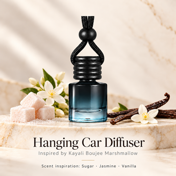 Hanging car diffuser inspired by Kayali Boujee Marshmallow, with scent illustrations on warm ivory stone