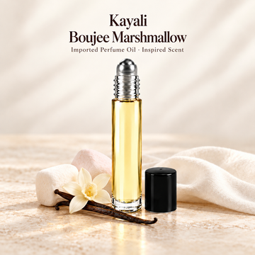 Kayali Boujee Marshmallow Perfume Oil with minimal scent note accents on soft ivory