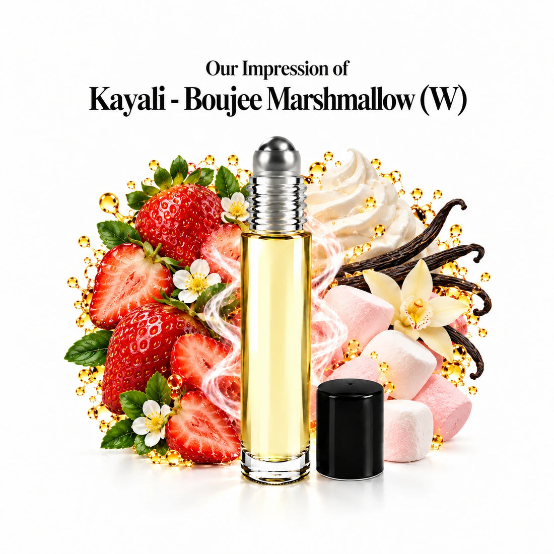 Kayali - Boujee Marshmallow (W) perfume oil with a centered roll-on bottle and fragrance-note arrangement, generous white margins.