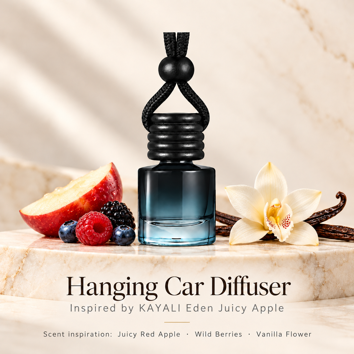 Hanging car diffuser inspired by KAYALI Eden Juicy Apple, with scent illustrations on warm ivory stone