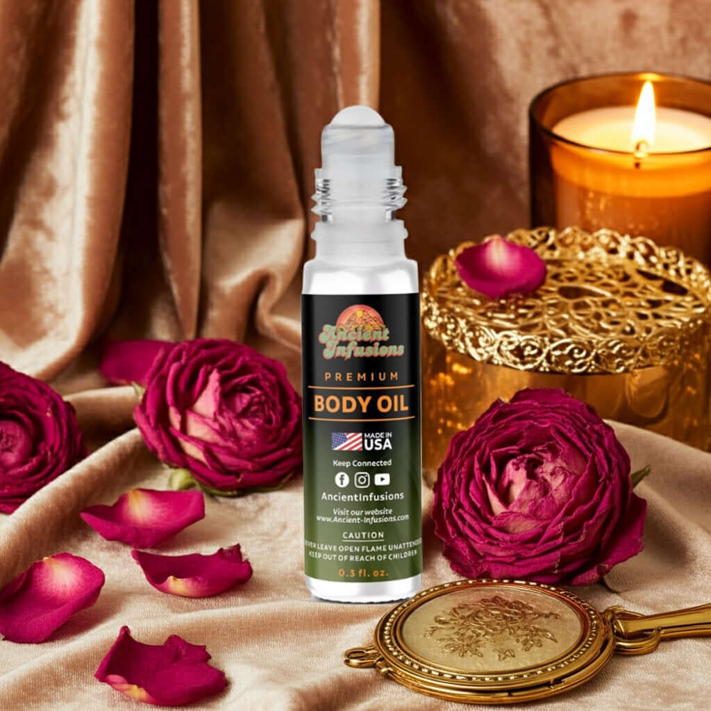 Kayali Majesty Rose Royal 31 Inspired Body Oil with rose petals and candle ambiance.