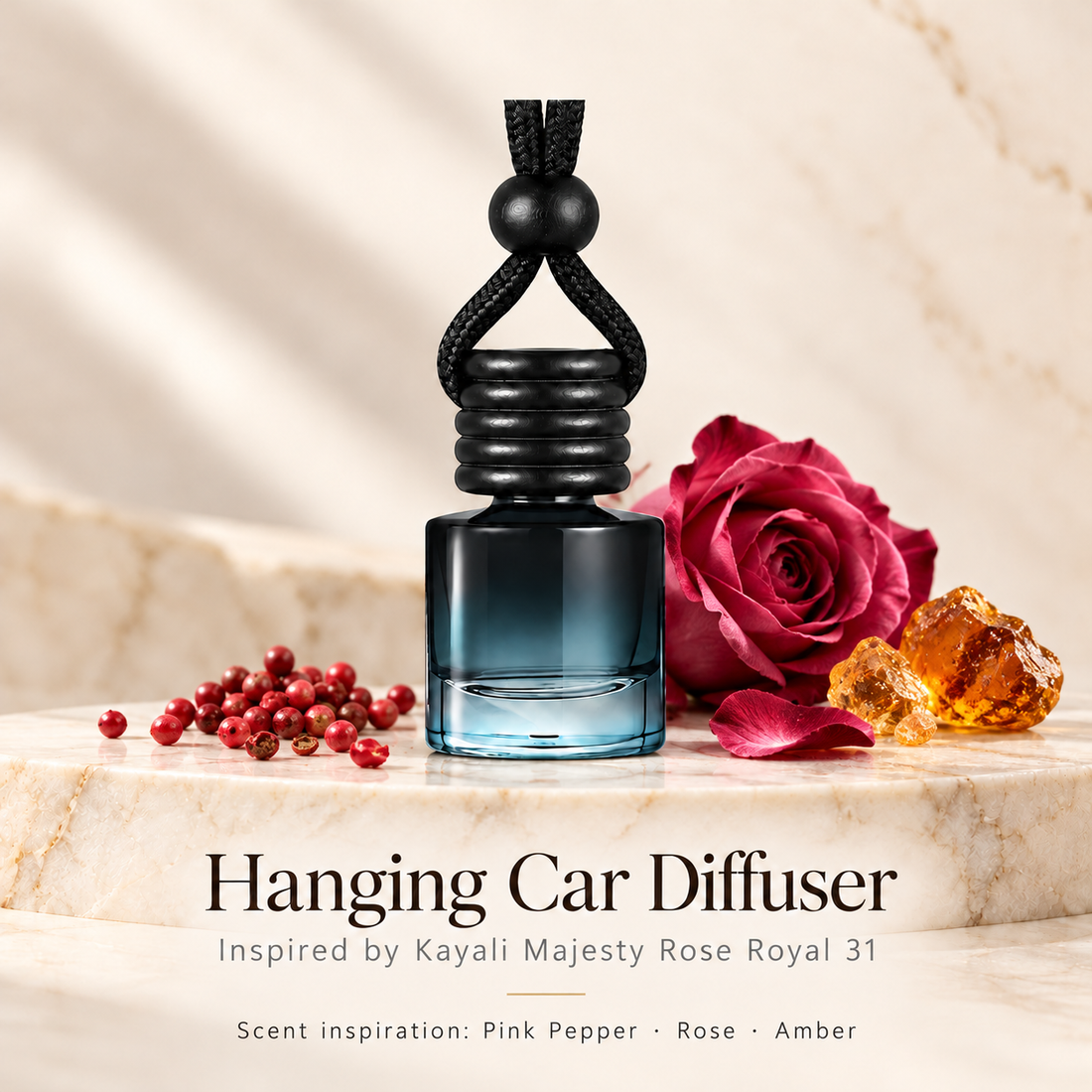 Hanging car diffuser inspired by Kayali Majesty Rose Royal 31, with scent illustrations on warm ivory stone