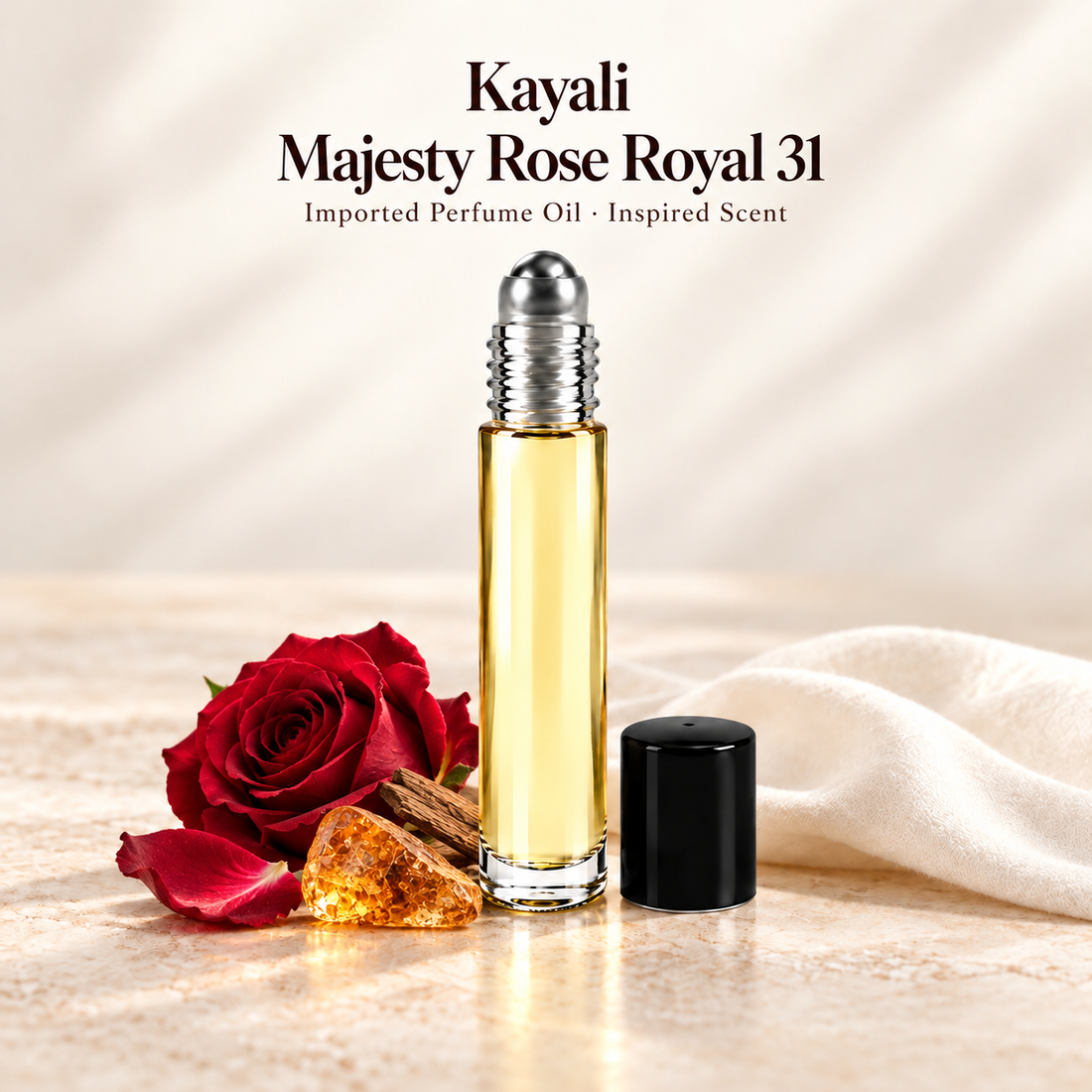 Kayali Majesty Rose Royal 31 Perfume Oil with minimal scent note accents on soft ivory