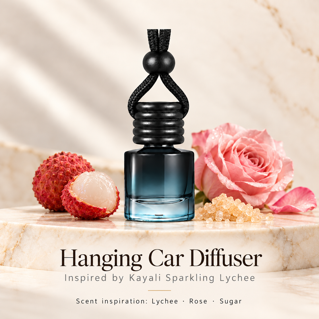 Hanging car diffuser inspired by Kayali Sparkling Lychee, with scent illustrations on warm ivory stone