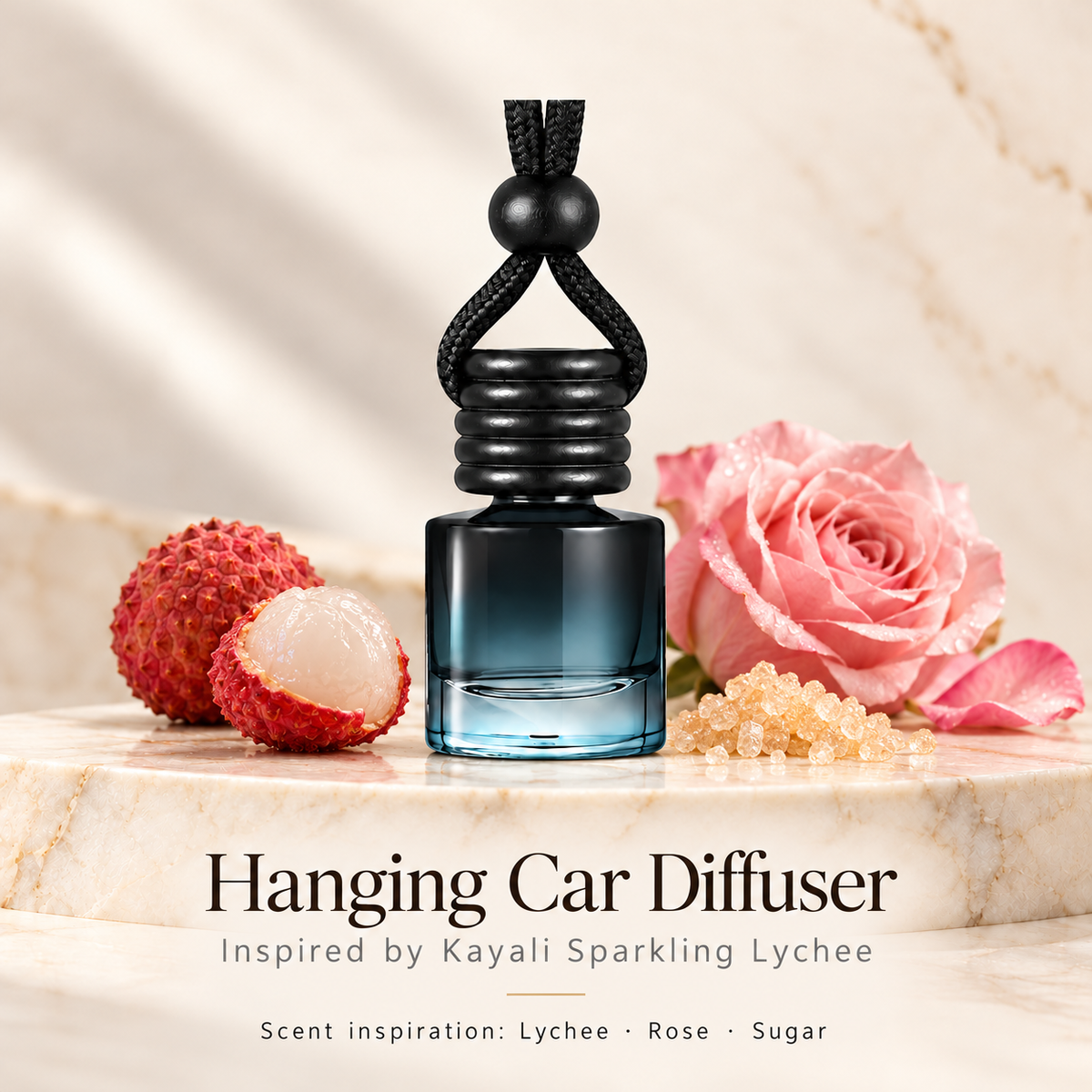 Hanging car diffuser inspired by Kayali Sparkling Lychee, with scent illustrations on warm ivory stone