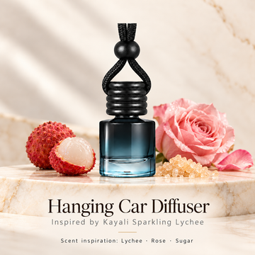 Hanging car diffuser inspired by Kayali Sparkling Lychee, with scent illustrations on warm ivory stone