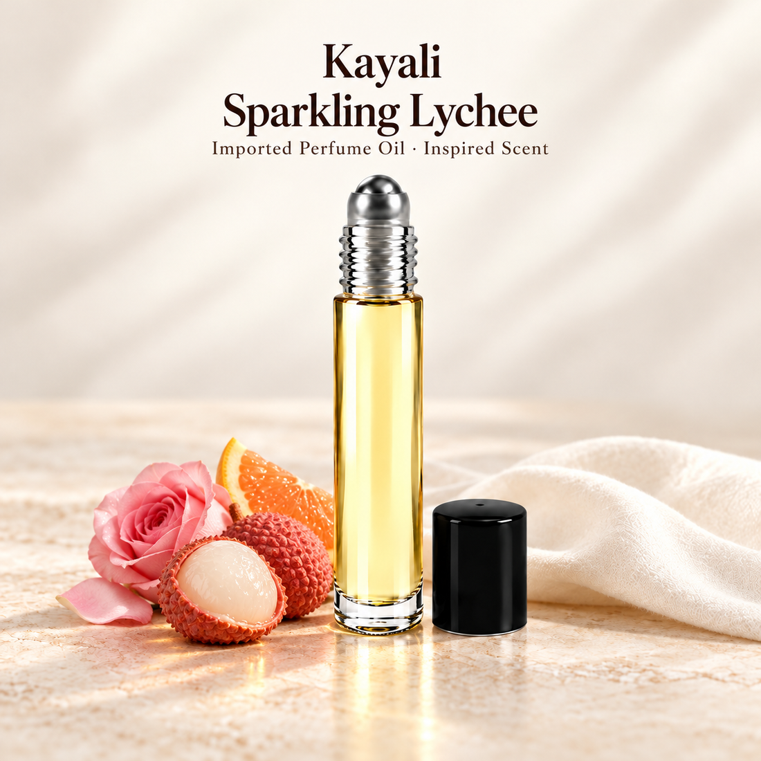 Kayali Sparkling Lychee Perfume Oil with minimal scent note accents on soft ivory