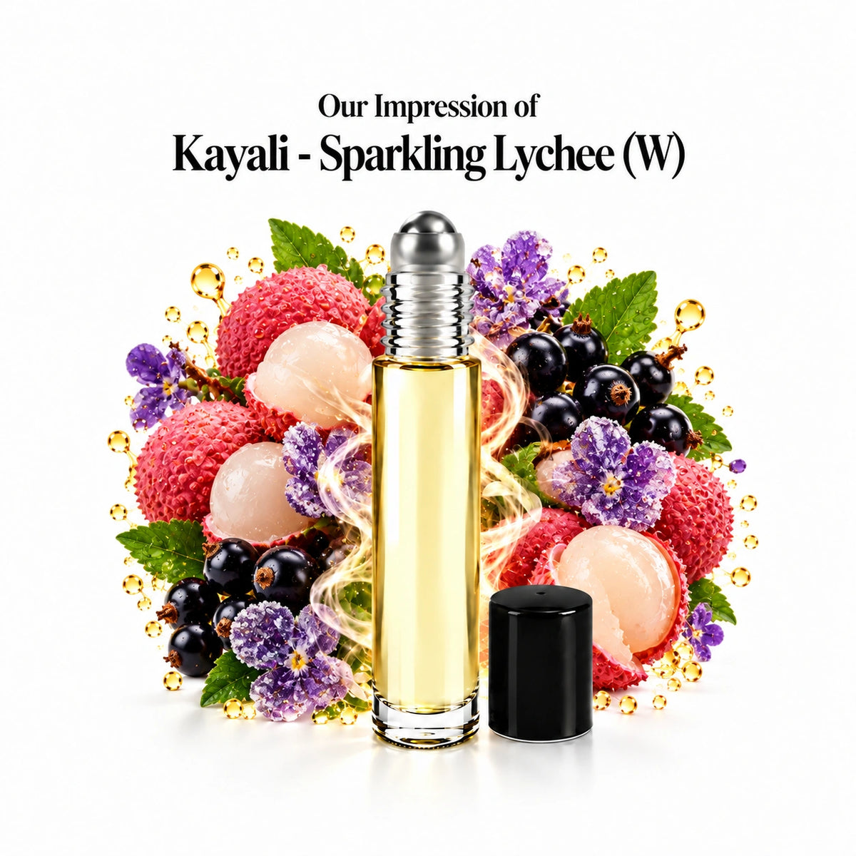 Kayali - Sparkling Lychee (W) perfume oil with a centered roll-on bottle and fragrance-note arrangement, generous white margins.