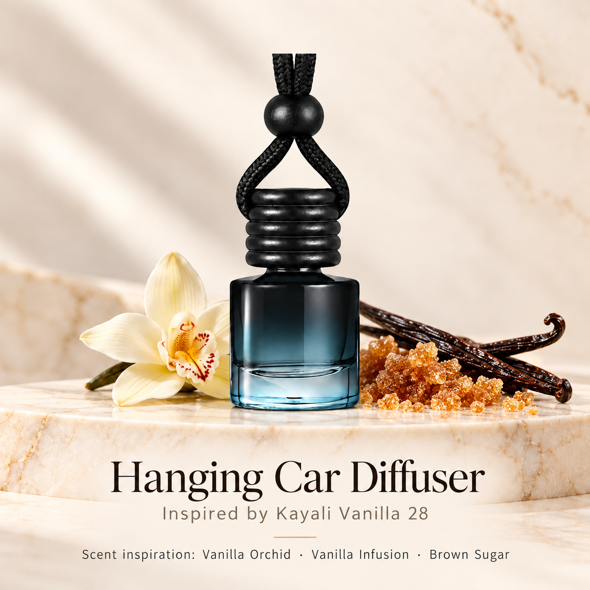 Hanging car diffuser inspired by Kayali Vanilla 28, with scent illustrations on warm ivory stone