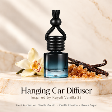 Hanging car diffuser inspired by Kayali Vanilla 28, with scent illustrations on warm ivory stone