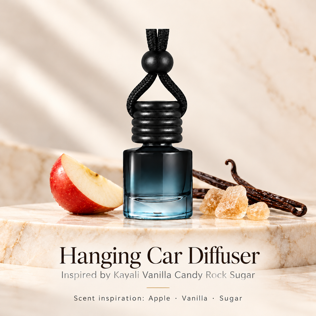 Hanging car diffuser inspired by Kayali Vanilla Candy Rock Sugar, with scent illustrations on warm ivory stone
