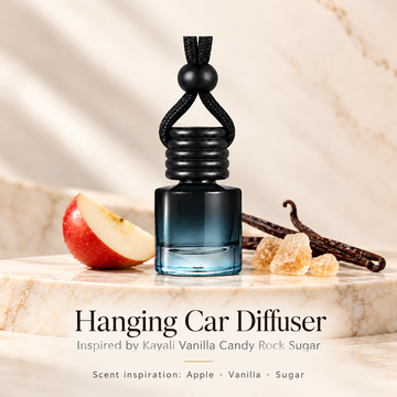 Hanging car diffuser inspired by Kayali Vanilla Candy Rock Sugar, with scent illustrations on warm ivory stone