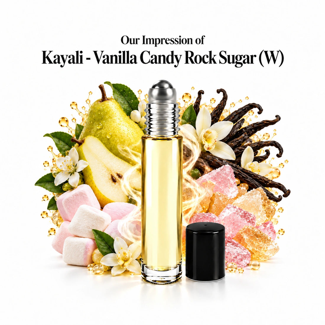 Kayali - Vanilla Candy Rock Sugar (W) perfume oil with a centered roll-on bottle and fragrance-note arrangement, generous white margins.