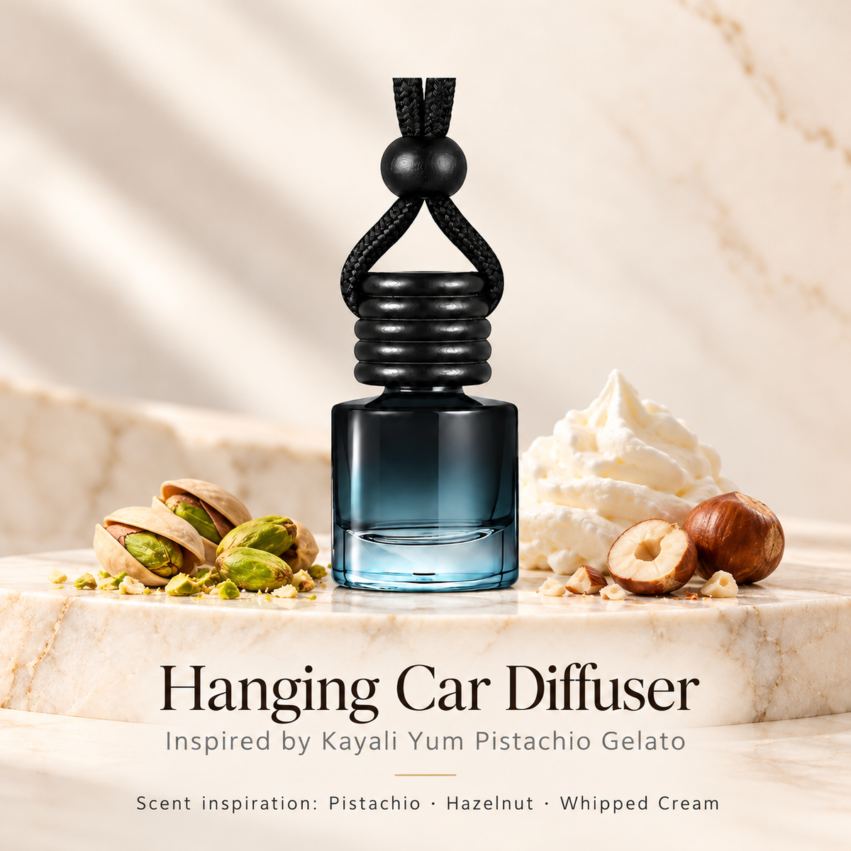 Hanging car diffuser inspired by Kayali Yum Pistachio Gelato, with scent illustrations on warm ivory stone